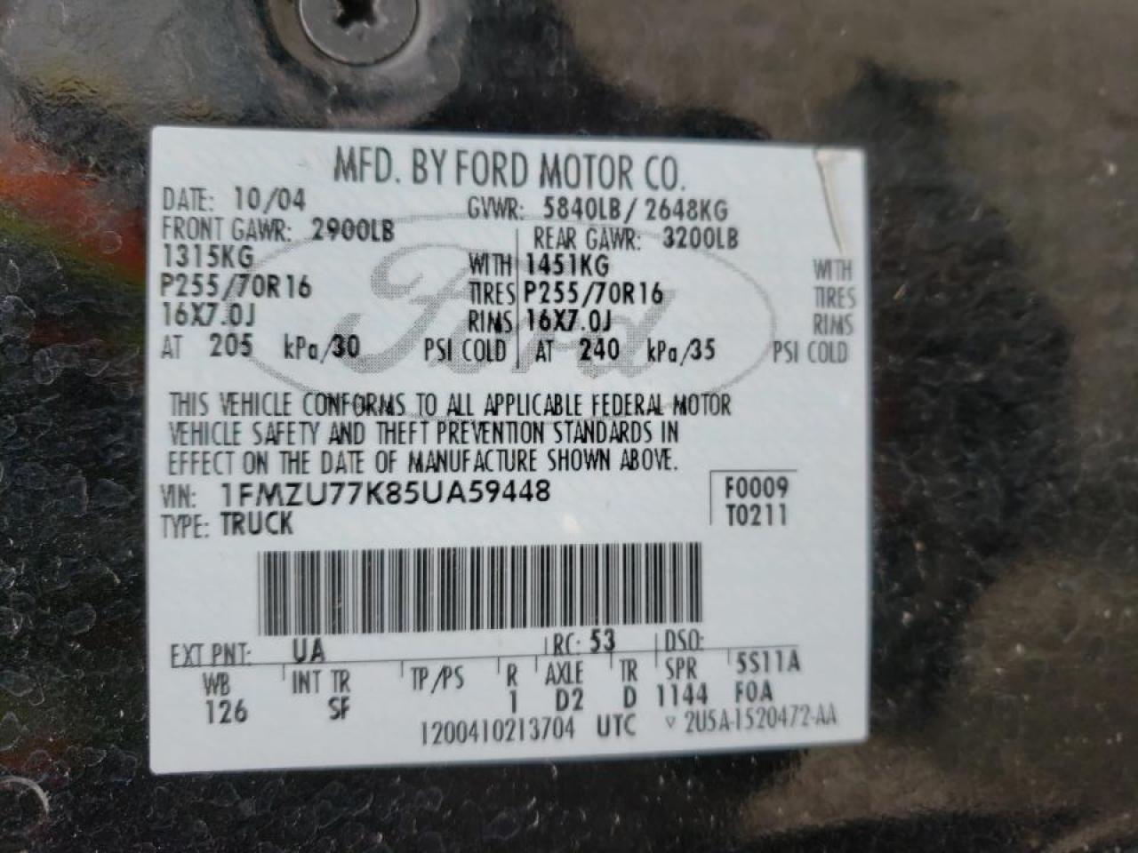 Photo 10 from auction – 2005 FORD EXPLORER S with VIN 1FMZU77K85UA59448