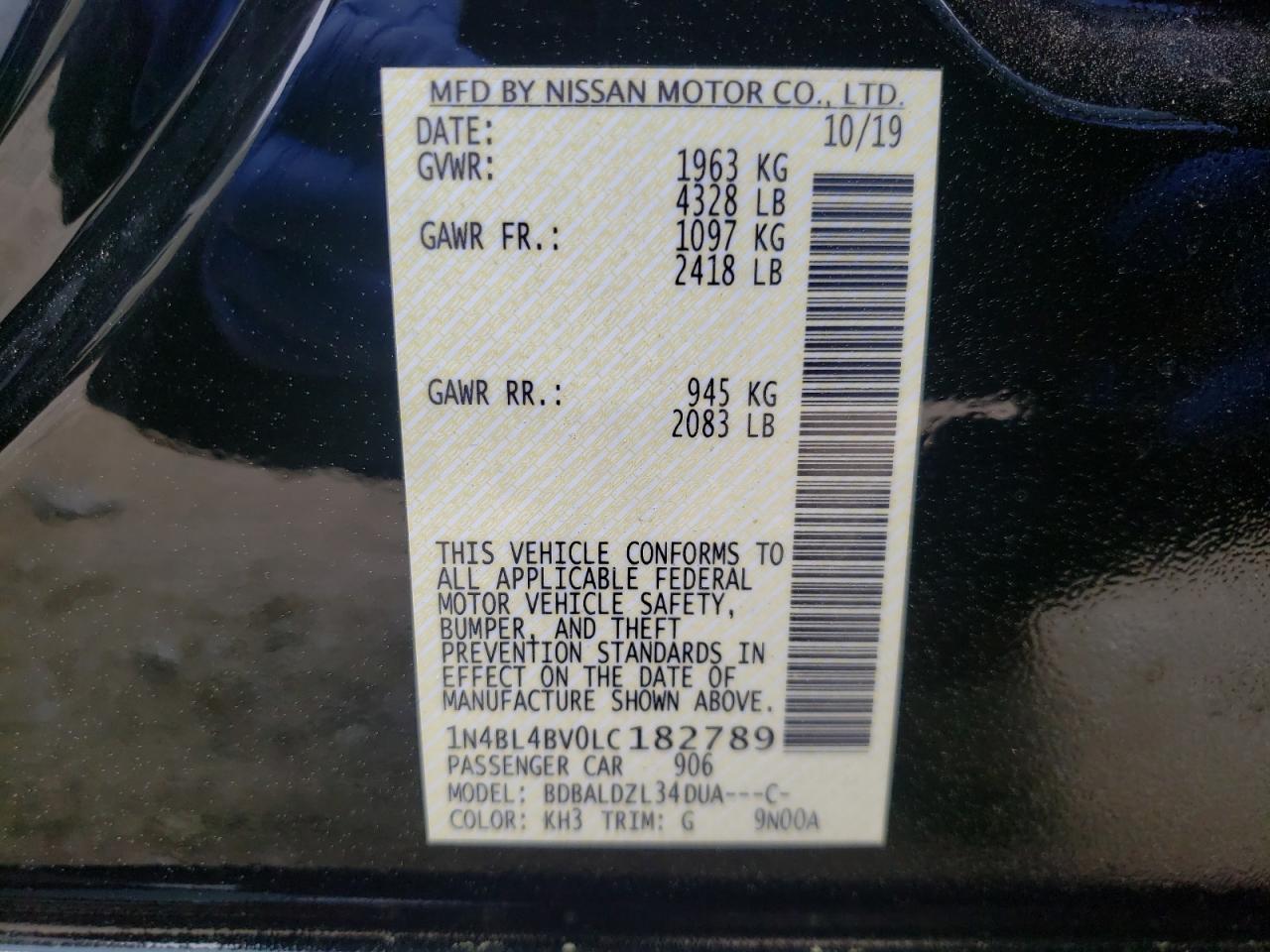 Photo 10 from auction – 2020 NISSAN ALTIMA S with VIN 1N4BL4BV0LC182789