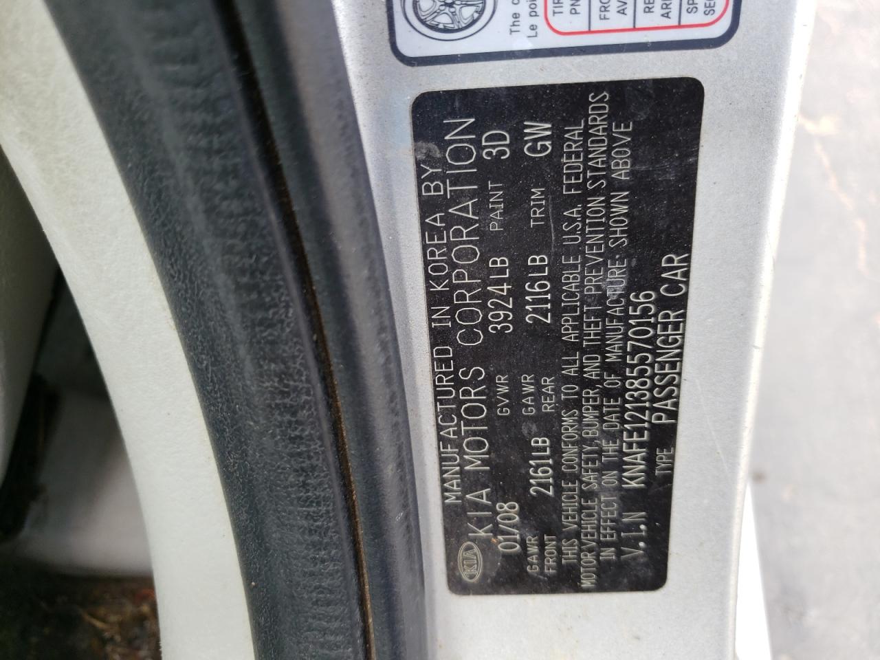 Photo 10 from auction – 2008 KIA SPECTRA EX with VIN KNAFE121385570156