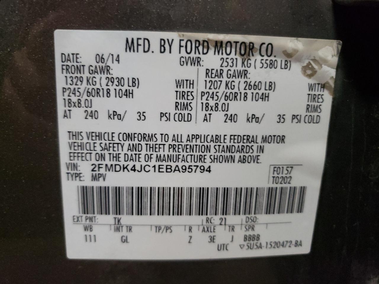 Photo 10 from auction – 2014 FORD EDGE SEL with VIN 2FMDK4JC1EBA95794