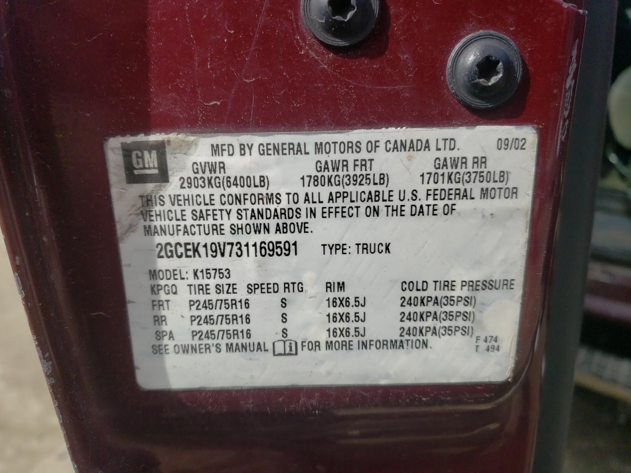 Photo 10 from auction – 2003 CHEVROLET SILVERADO with VIN 2GCEK19V731169591