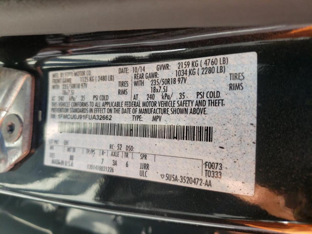 Photo 10 from auction – 2015 FORD ESCAPE TIT with VIN 1FMCU0J91FUA32662