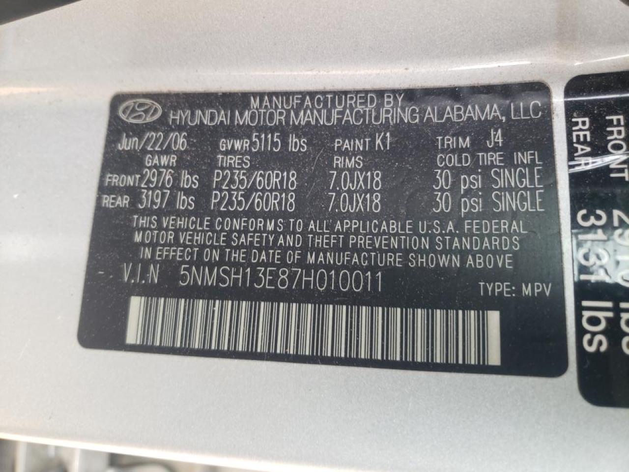 Photo 10 from auction – 2007 HYUNDAI SANTA FE S with VIN 5NMSH13E87H010011