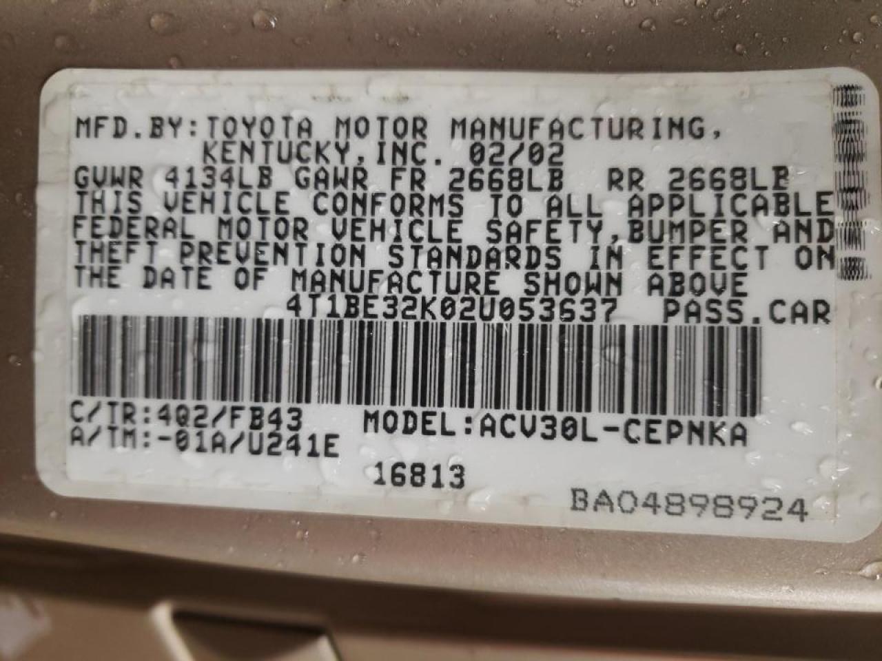 Photo 10 from auction – 2002 TOYOTA CAMRY LE with VIN 4T1BE32K02U053637