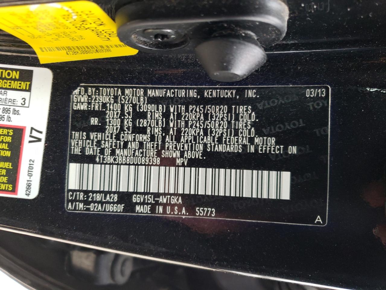Photo 10 from auction – 2013 TOYOTA VENZA LE with VIN 4T3BK3BB8DU089398