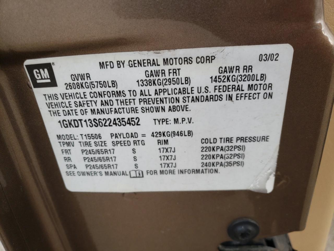 Фото 10 с аукциона – 2002 GMC ENVOY с VIN 1GKDT13S622435452