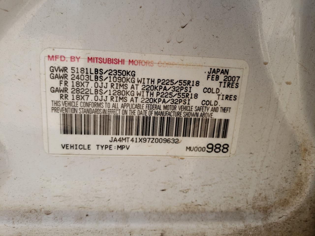 Zdjęcie 10 z aukcji – 2007 MITSUBISHI OUTLANDER z VIN JA4MT41X97Z009632
