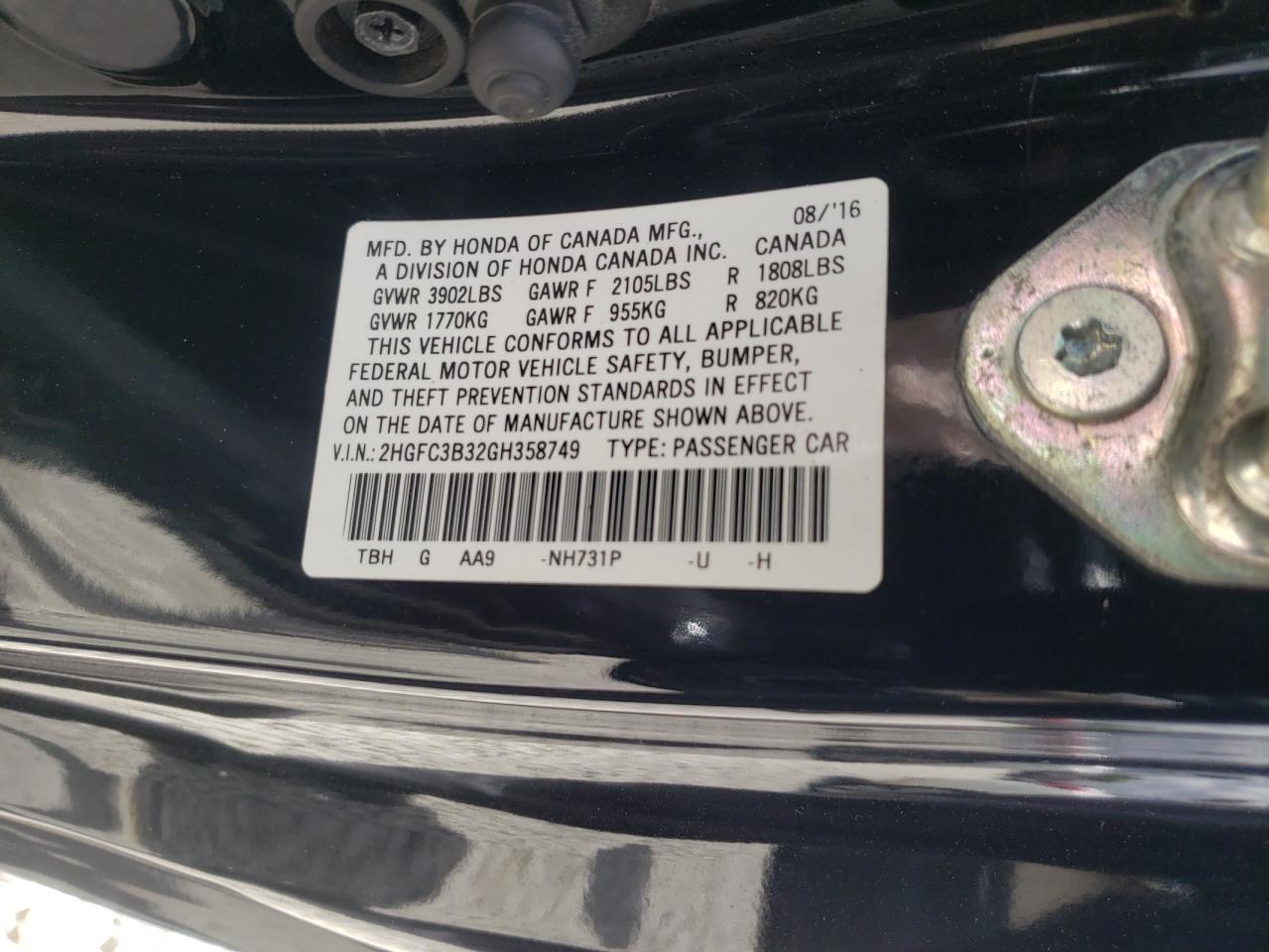 Photo 10 from auction – 2016 HONDA CIVIC EX with VIN 2HGFC3B32GH358749