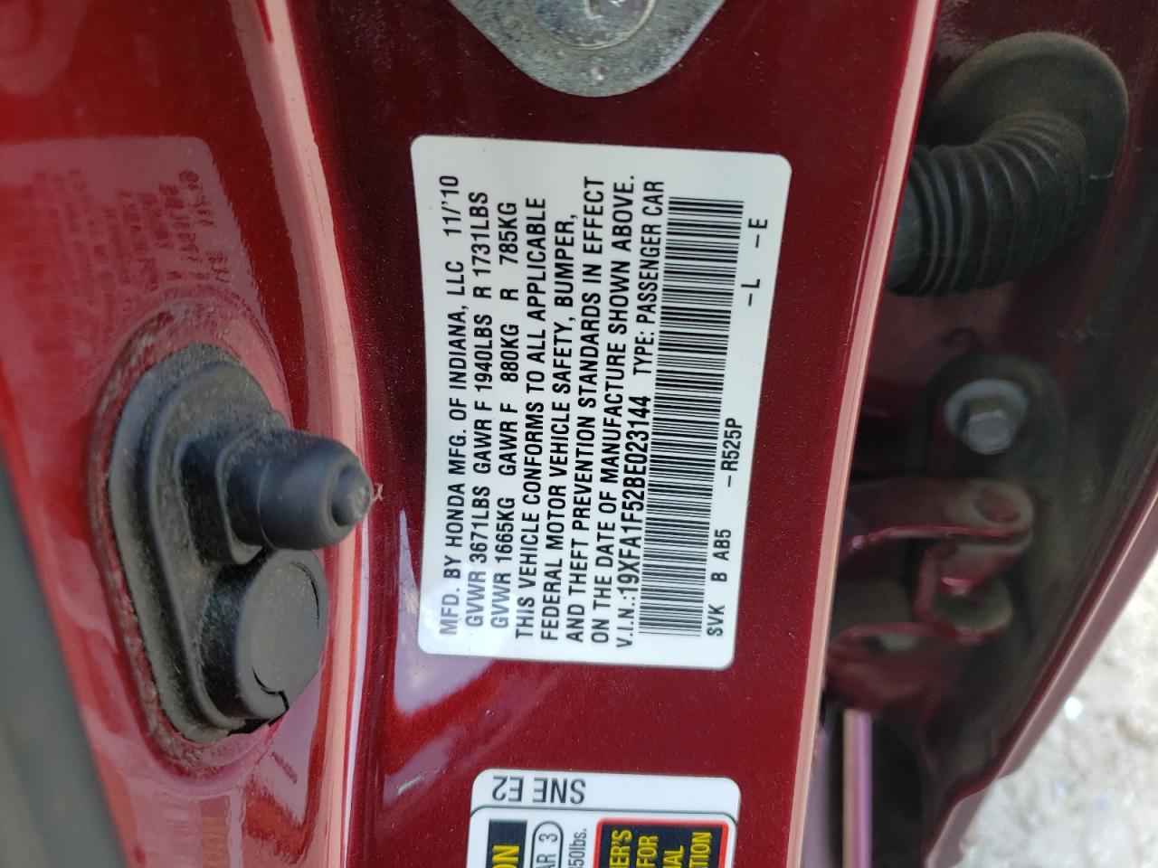 Photo 10 from auction – 2011 HONDA CIVIC LX with VIN 19XFA1F52BE023144