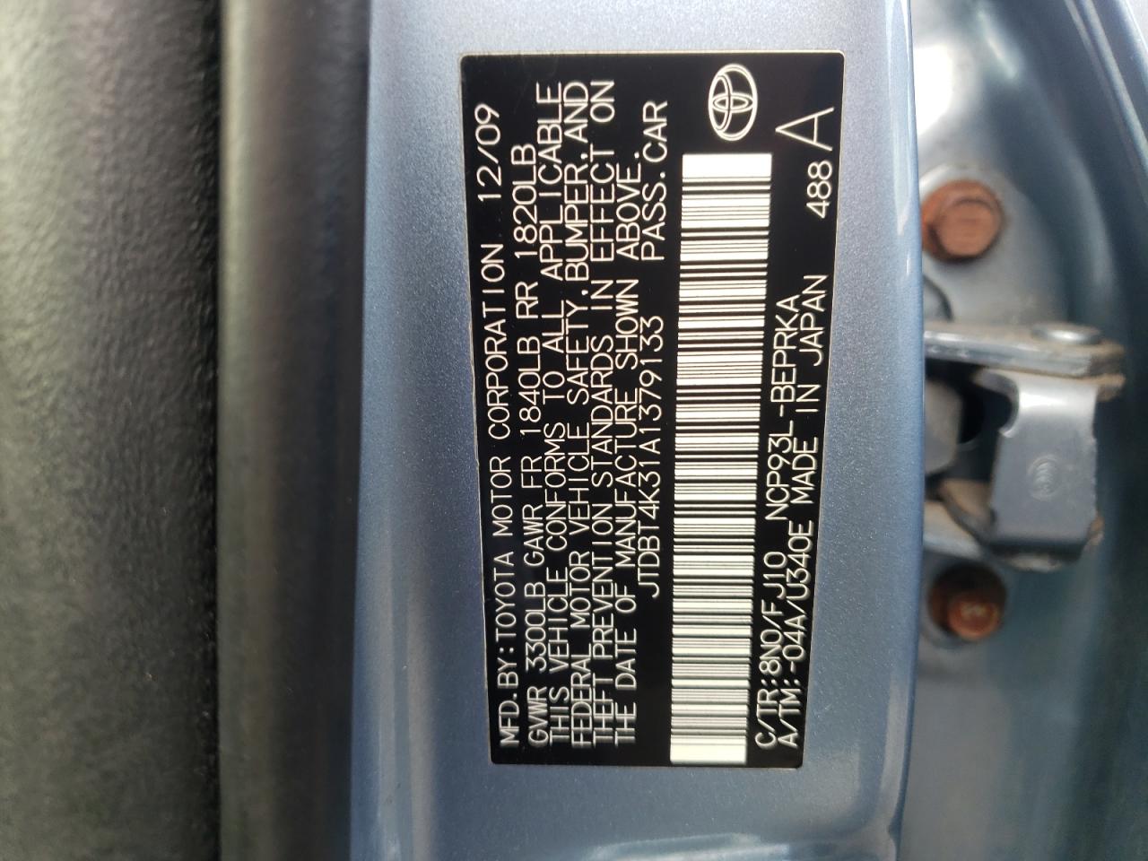 Photo 10 from auction – 2010 TOYOTA YARIS with VIN JTDBT4K31A1379133