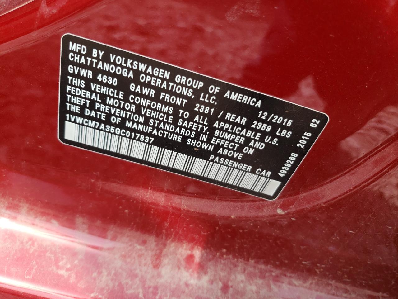 Photo 10 from auction – 2016 VOLKSWAGEN PASSAT with VIN 1VWCM7A35GC017837