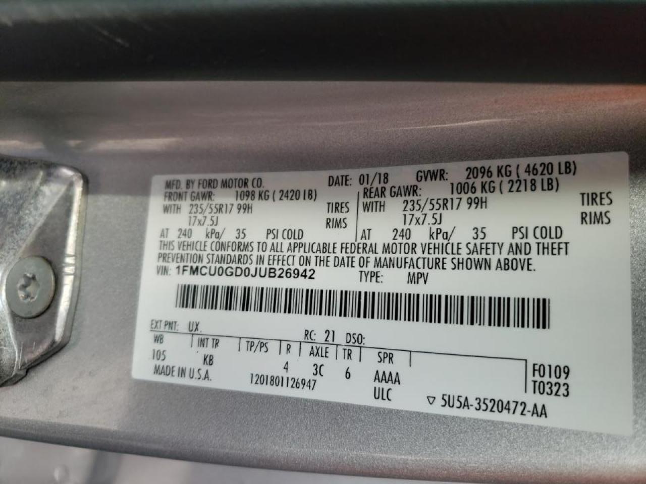 Photo 10 from auction – 2018 FORD ESCAPE SE with VIN 1FMCU0GD0JUB26942