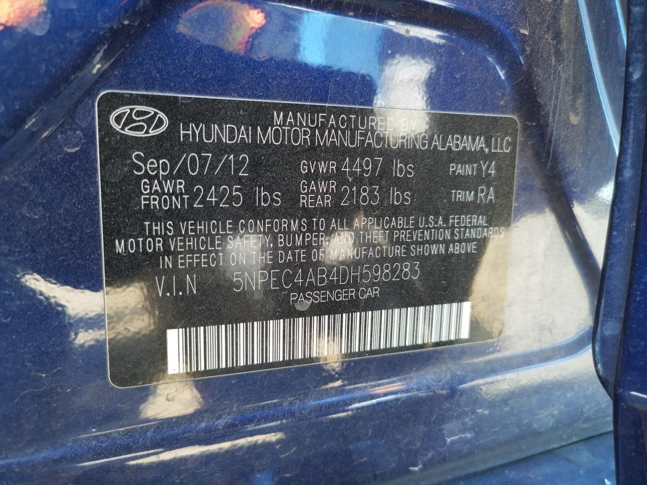 Photo 10 from auction – 2013 HYUNDAI SONATA SE with VIN 5NPEC4AB4DH598283