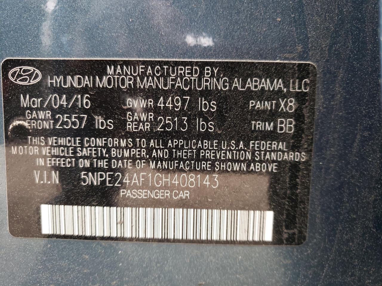 Photo 10 from auction – 2016 HYUNDAI SONATA SE with VIN 5NPE24AF1GH408143