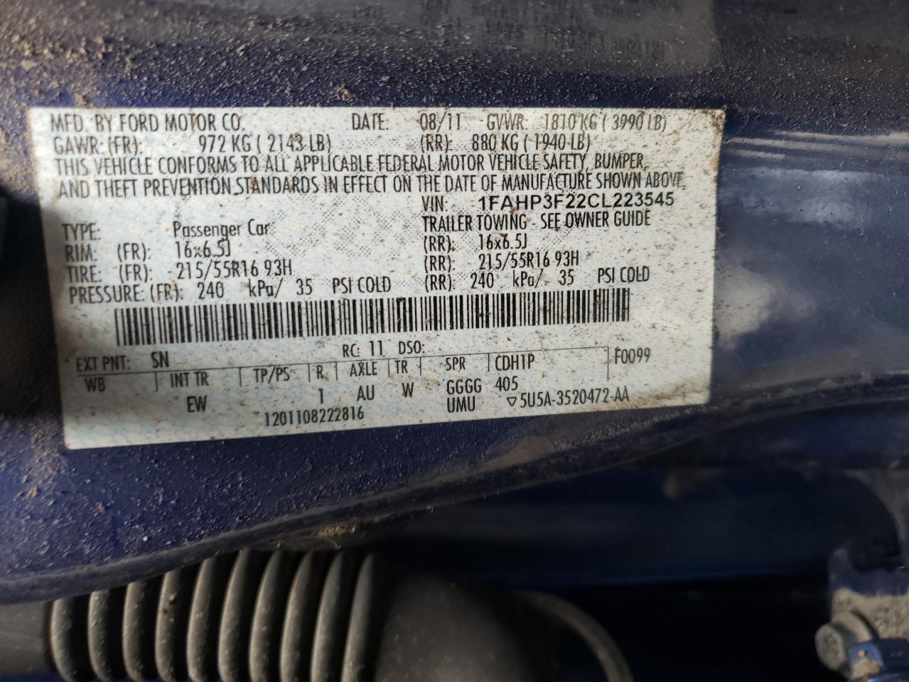 Photo 10 from auction – 2012 FORD FOCUS SE with VIN 1FAHP3F22CL223545