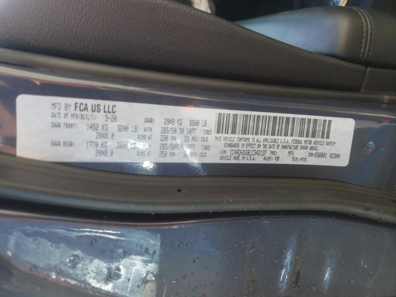 Photo 10 from auction – 2020 DODGE DURANGO GT with VIN 1C4RDHDG8LC342137