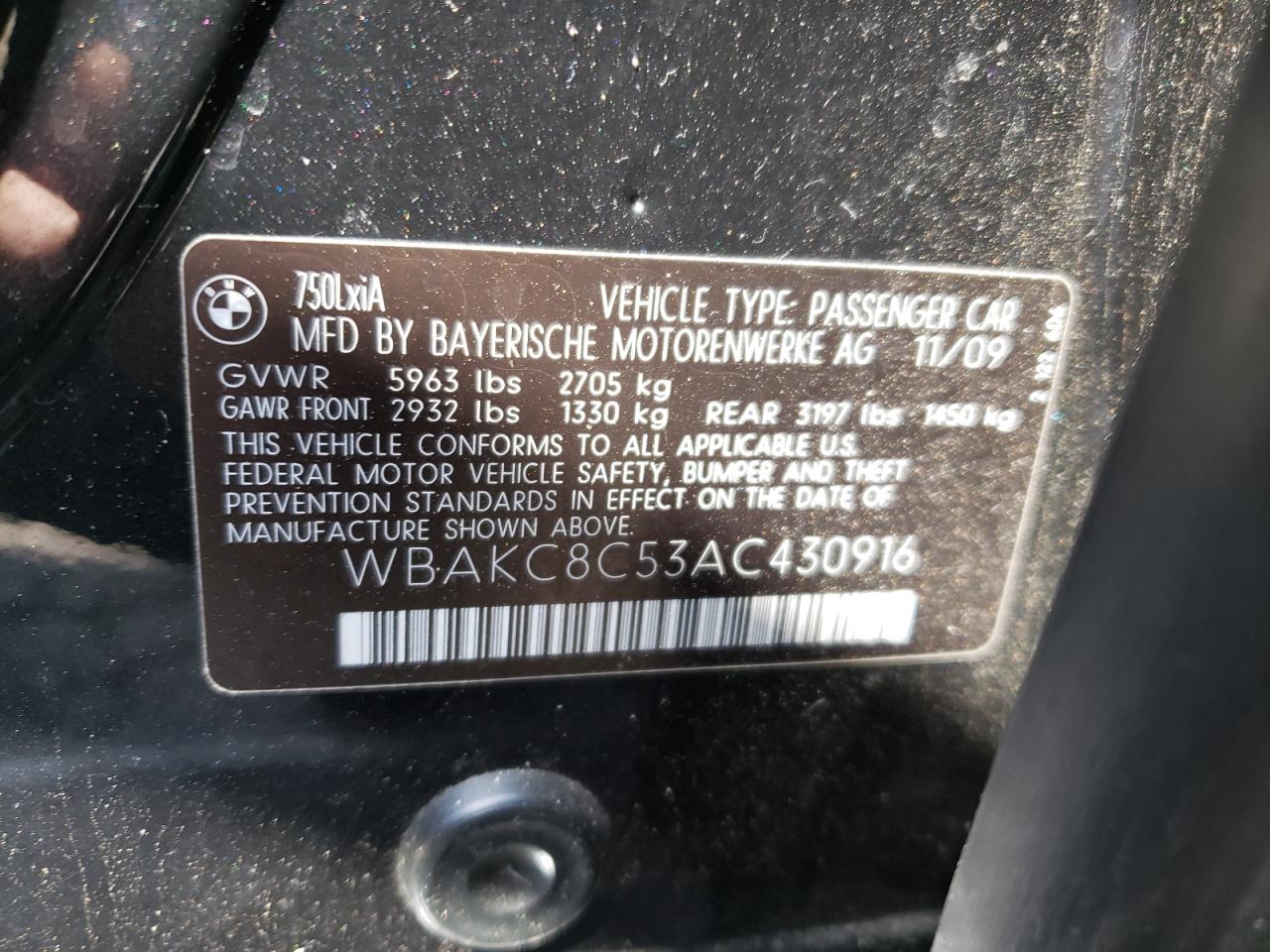 Photo 10 from auction – 2010 BMW 750 LI XDR with VIN WBAKC8C53AC430916