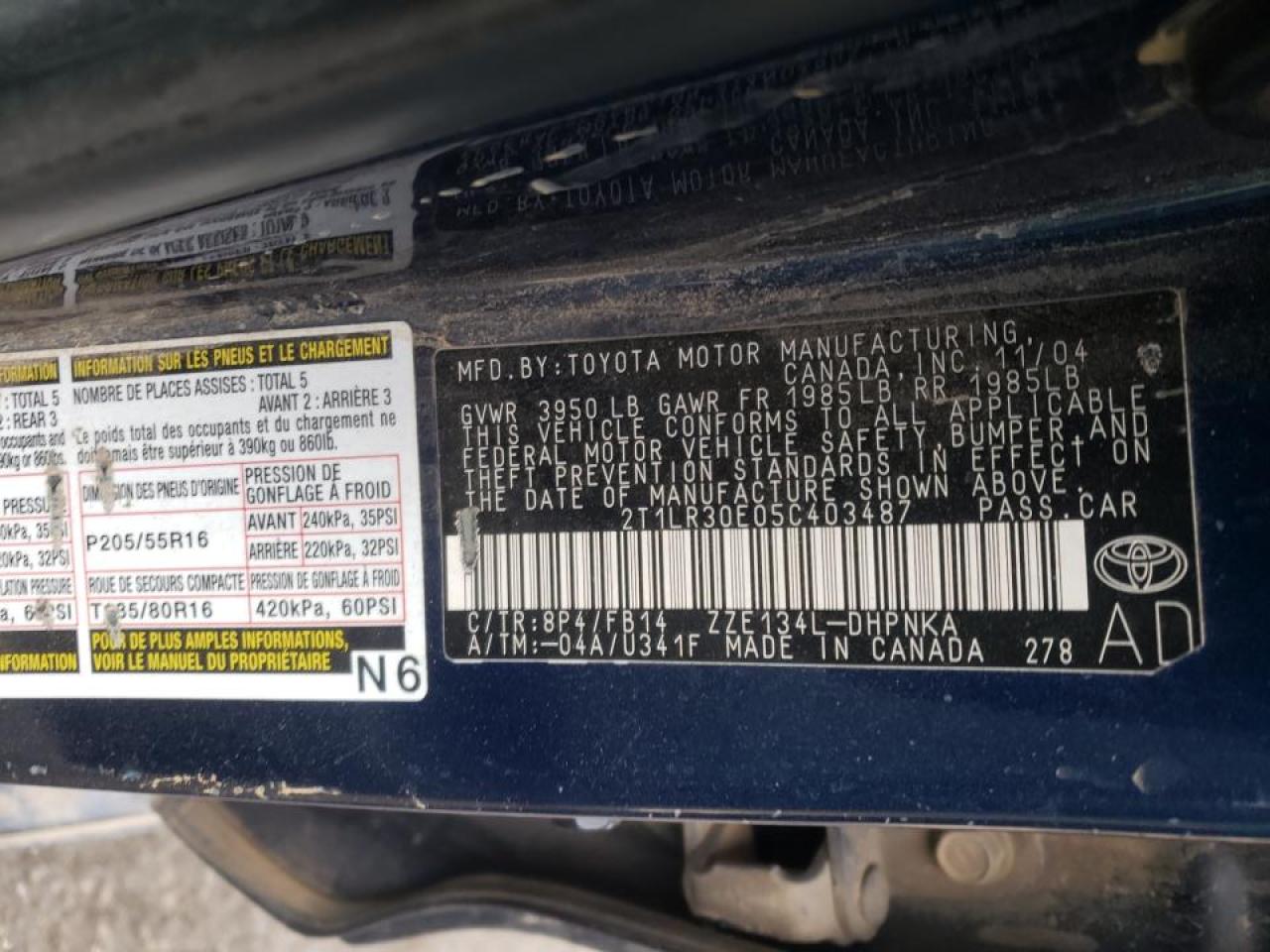 Photo 10 from auction – 2005 TOYOTA COROLLA MA with VIN 2T1LR30E05C403487