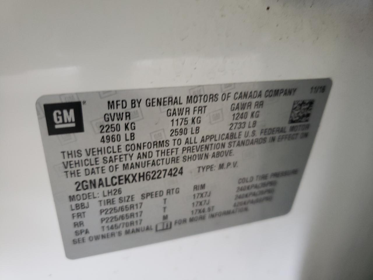 Photo 10 from auction – 2017 CHEVROLET EQUINOX LT with VIN 2GNALCEKXH6227424