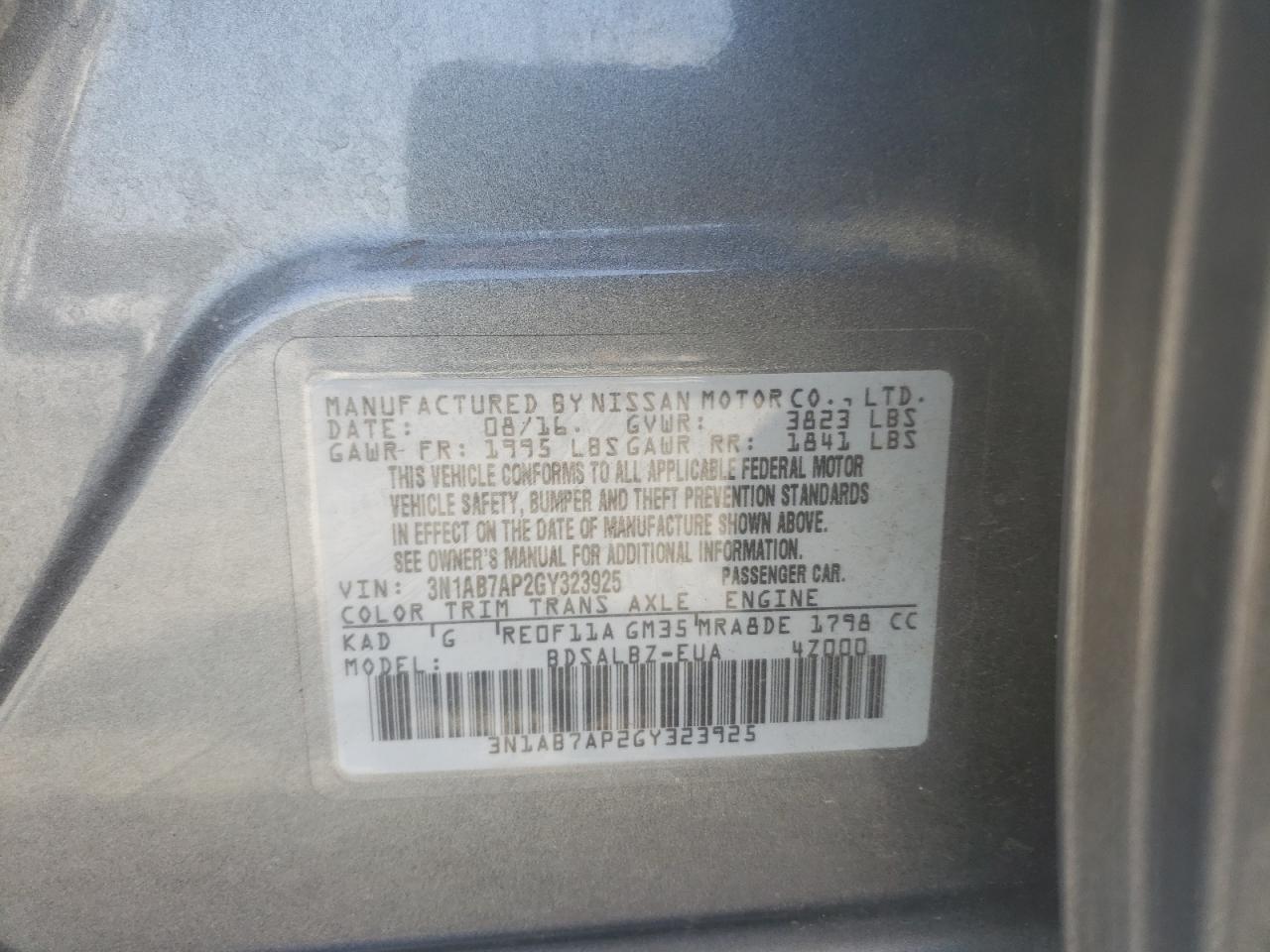 Photo 10 from auction – 2016 NISSAN SENTRA S with VIN 3N1AB7AP2GY323925