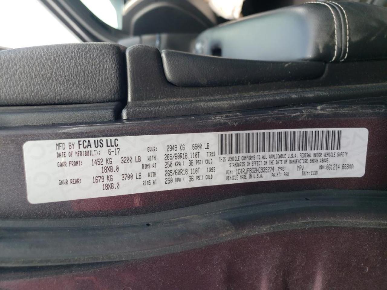Photo 10 from auction – 2017 JEEP GRAND CHER with VIN 1C4RJFBG2HC939274