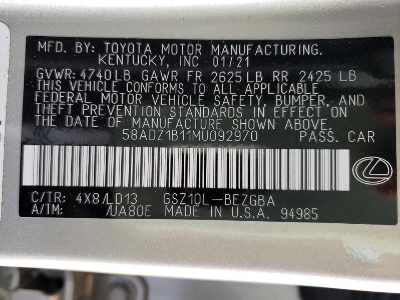 Photo 10 from auction – 2021 LEXUS ES 350 BAS with VIN 58ADZ1B11MU092970