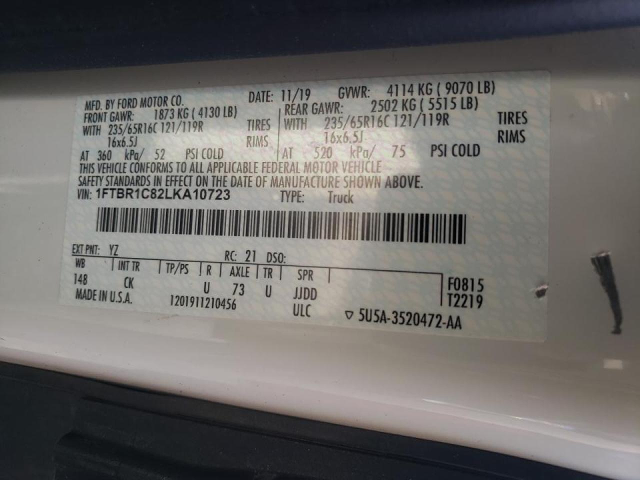 Photo 10 from auction – 2020 FORD TRANSIT T- with VIN 1FTBR1C82LKA10723