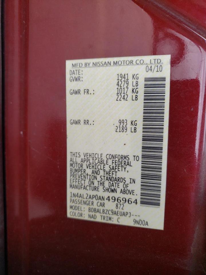 Photo 10 from auction – 2010 NISSAN ALTIMA BAS with VIN 1N4AL2AP0AN496964