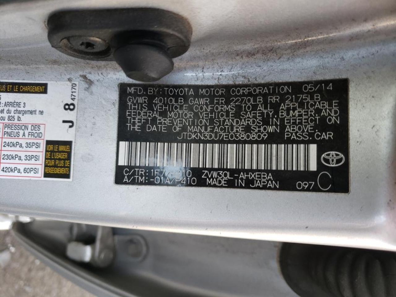 Zdjęcie 10 z aukcji – 2014 TOYOTA PRIUS z VIN JTDKN3DU7E0380809