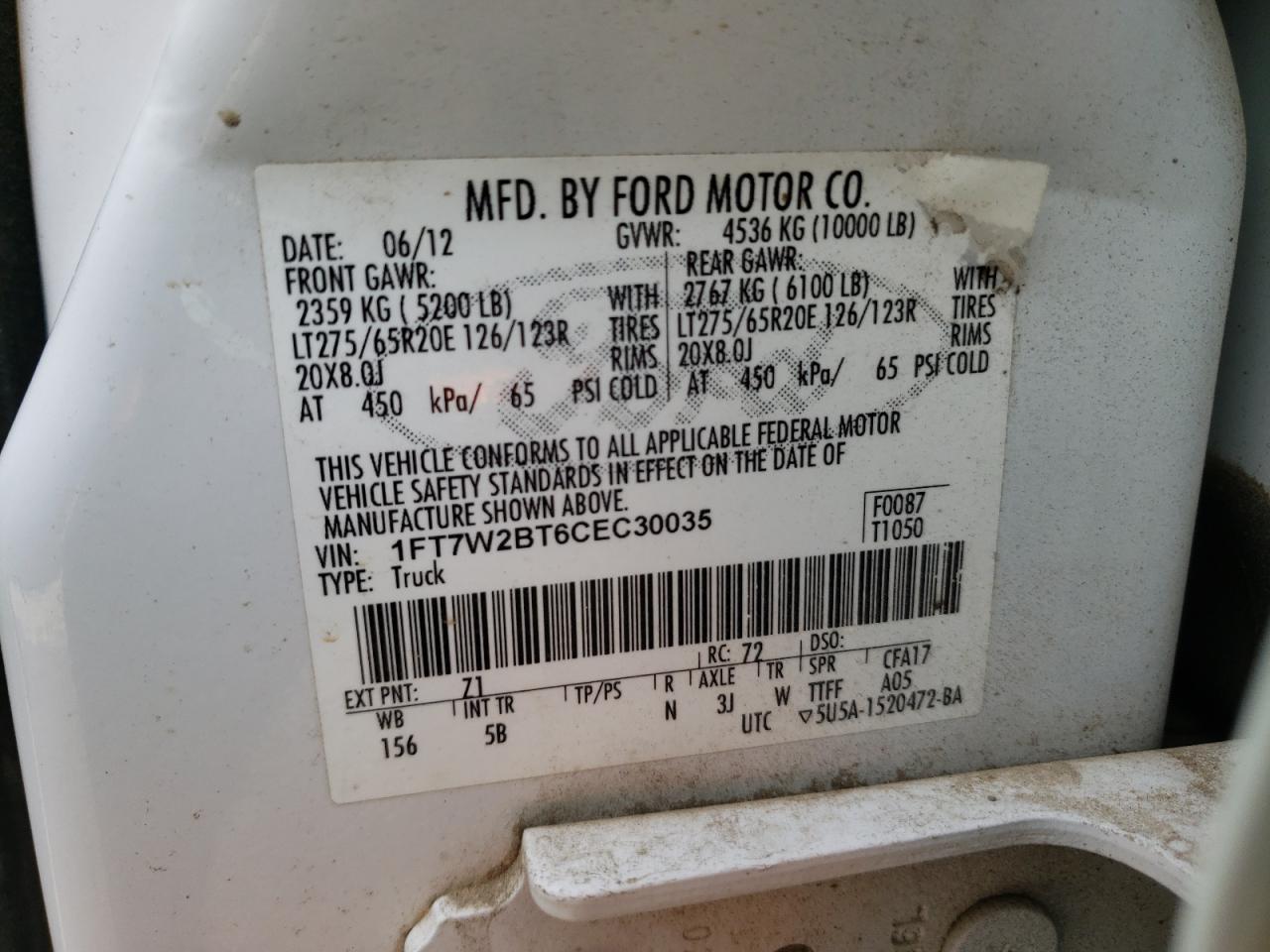 Photo 11 from auction – 2012 FORD F250 SUPER with VIN 1FT7W2BT6CEC30035