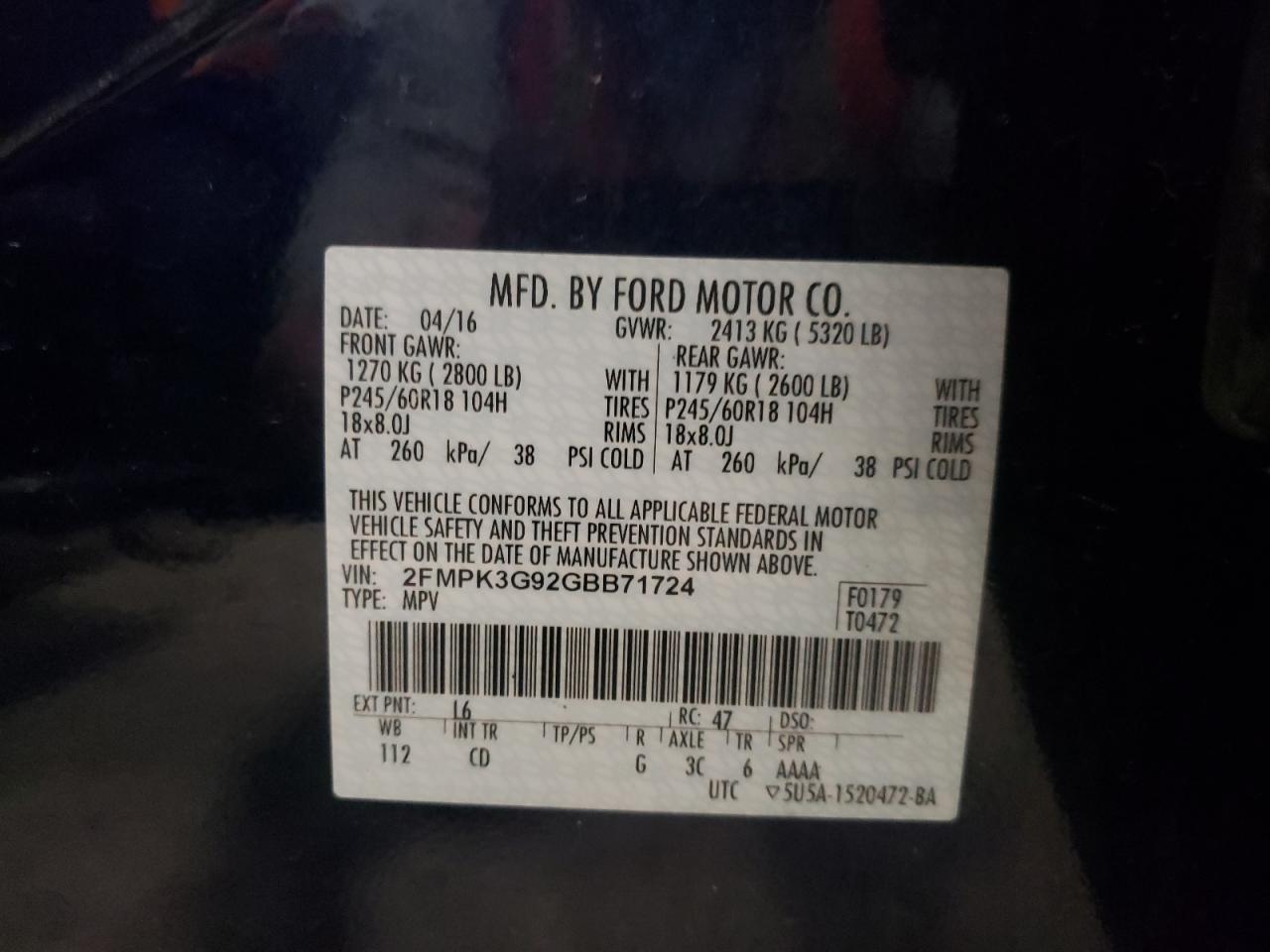 Photo 10 from auction – 2016 FORD EDGE SE with VIN 2FMPK3G92GBB71724
