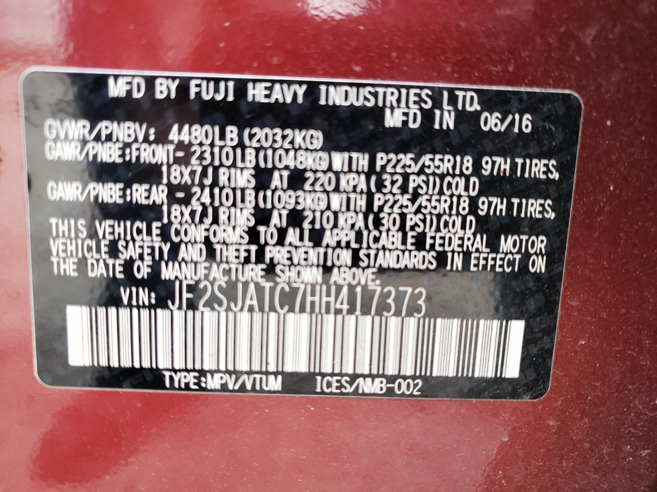 Photo 10 from auction – 2017 SUBARU FORESTER 2 with VIN JF2SJATC7HH417373