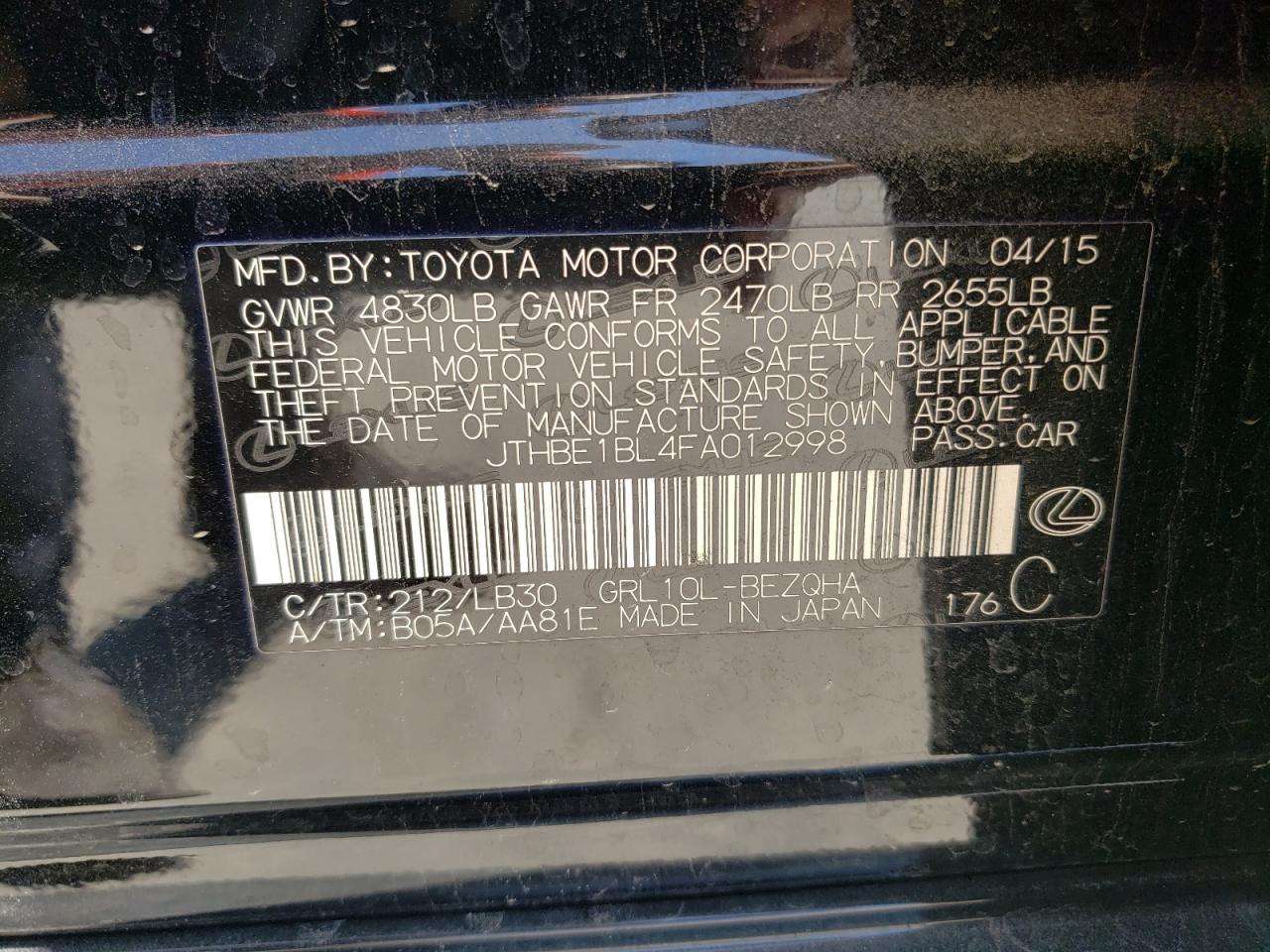 Photo 10 from auction – 2015 LEXUS GS 350 with VIN JTHBE1BL4FA012998