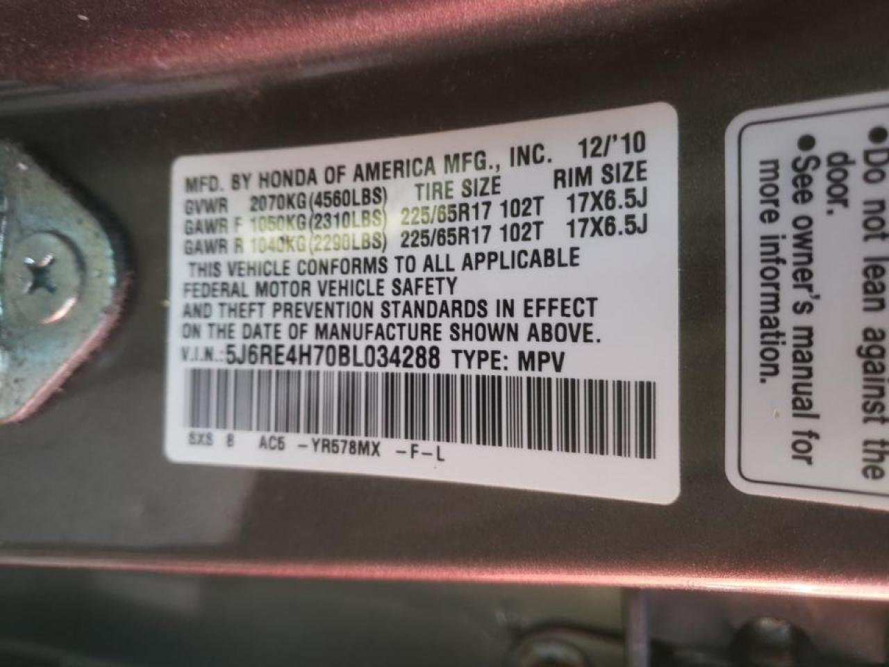 Photo 10 from auction – 2011 HONDA CR-V EXL with VIN 5J6RE4H70BL034288