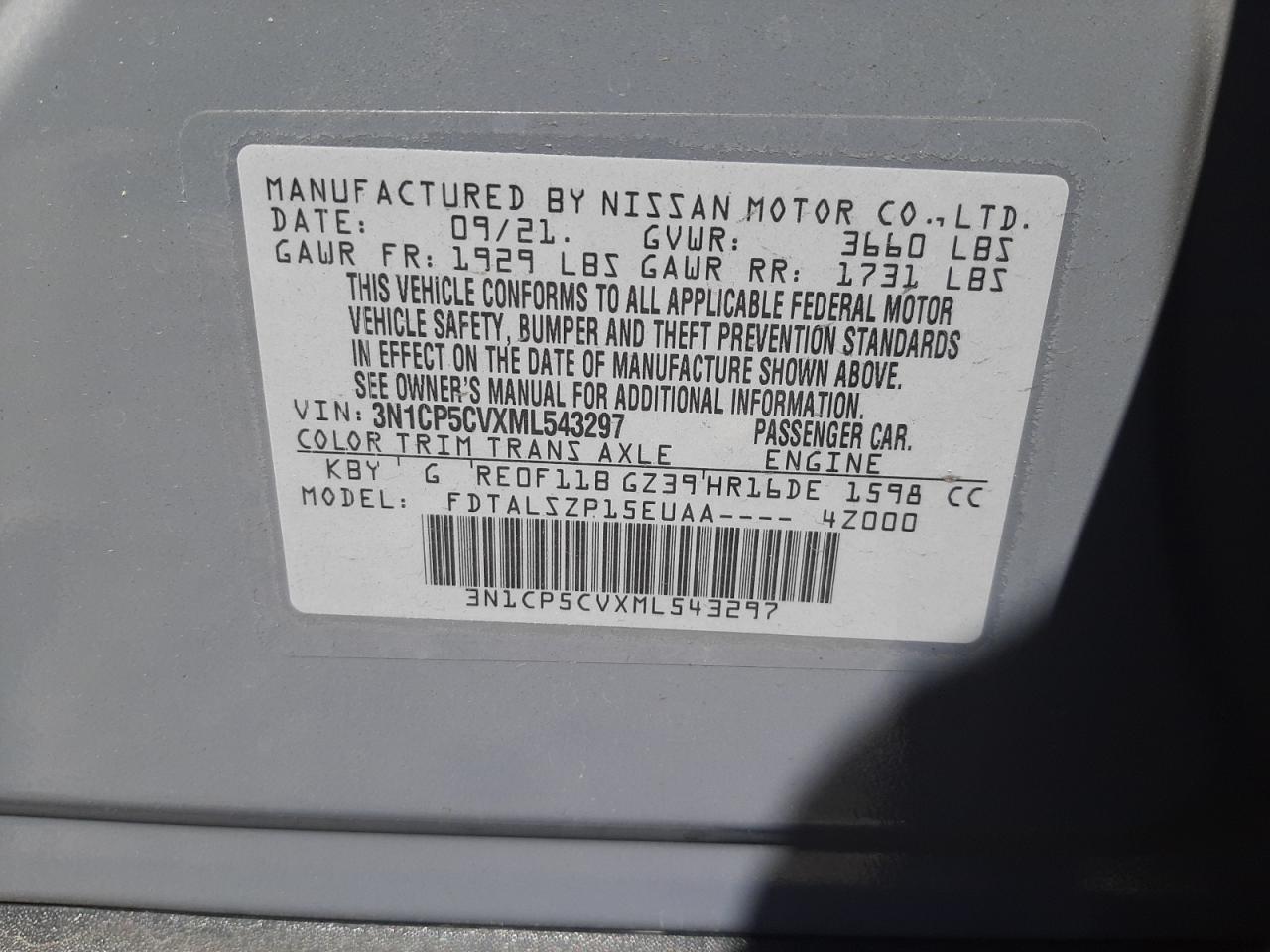 Photo 10 from auction – 2021 NISSAN KICKS SV with VIN 3N1CP5CVXML543297