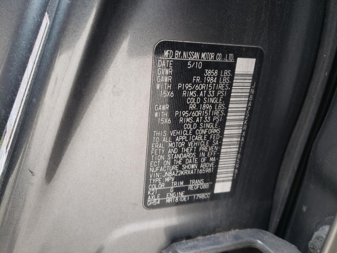Photo 10 from auction – 2010 NISSAN CUBE BASE with VIN JN8AZ2KRXAT165981