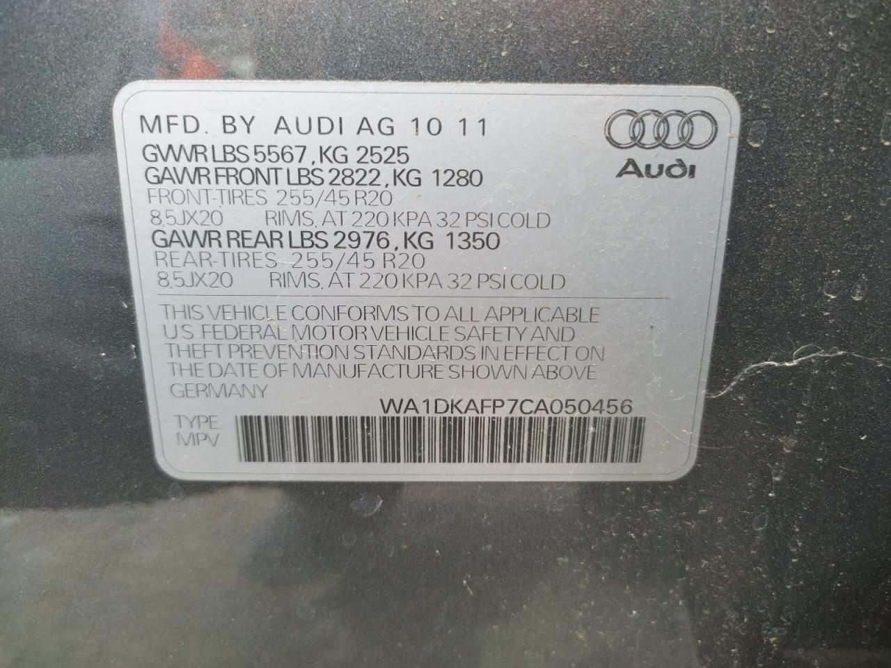 Photo 10 from auction – 2012 AUDI Q5 PREMIUM with VIN WA1DKAFP7CA050456
