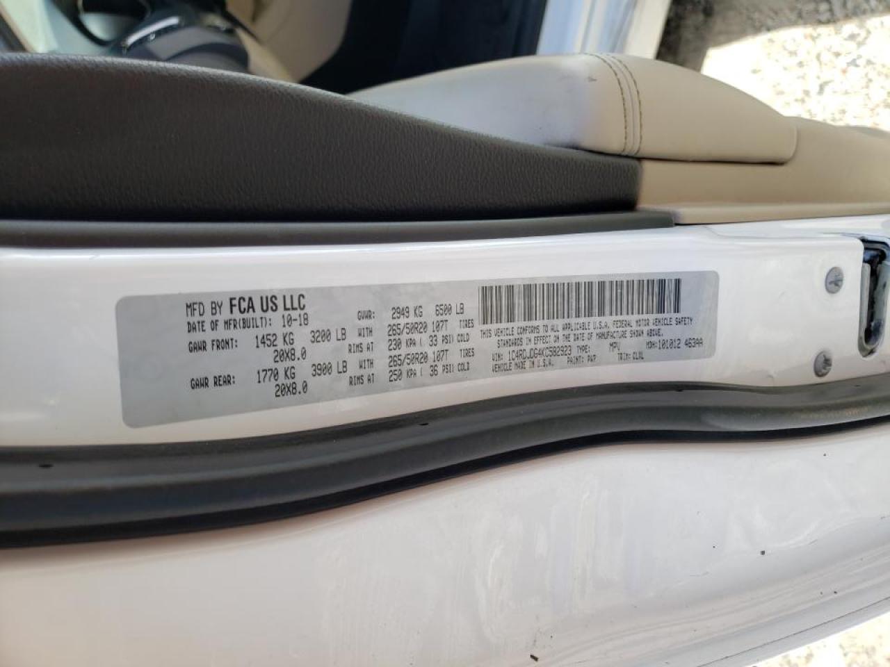 Photo 10 from auction – 2019 DODGE DURANGO GT with VIN 1C4RDJDG4KC582923
