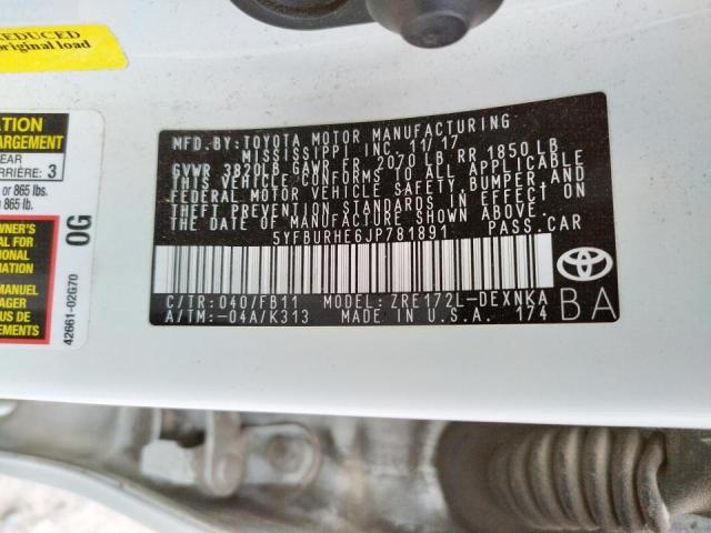 Photo 10 from auction – 2018 TOYOTA COROLLA L with VIN 5YFBURHE6JP781891