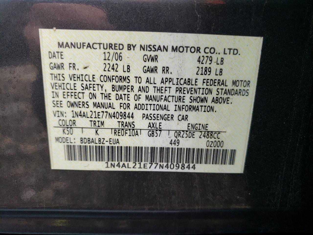 Photo 10 from auction – 2007 NISSAN ALTIMA 2.5 with VIN 1N4AL21E77N409844