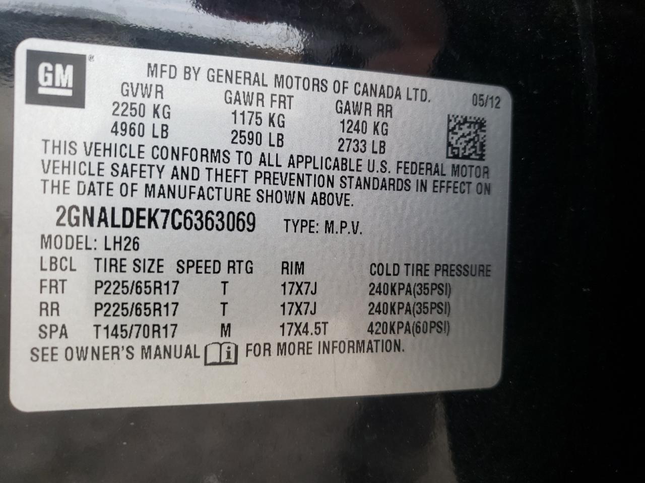 Photo 10 from auction – 2012 CHEVROLET EQUINOX LT with VIN 2GNALDEK7C6363069