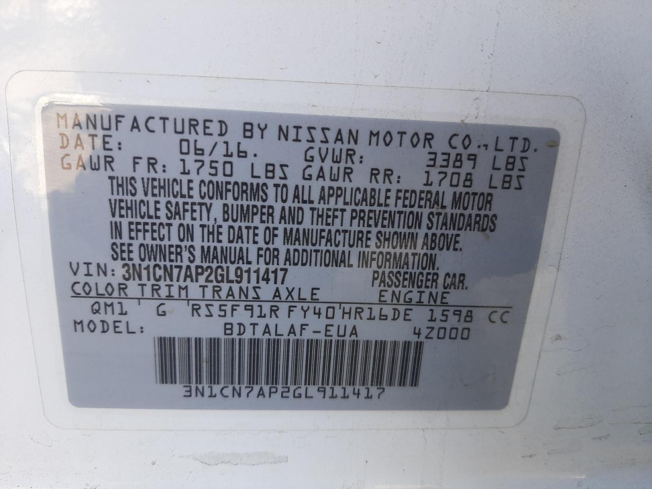 Photo 10 from auction – 2016 NISSAN VERSA S with VIN 3N1CN7AP2GL911417