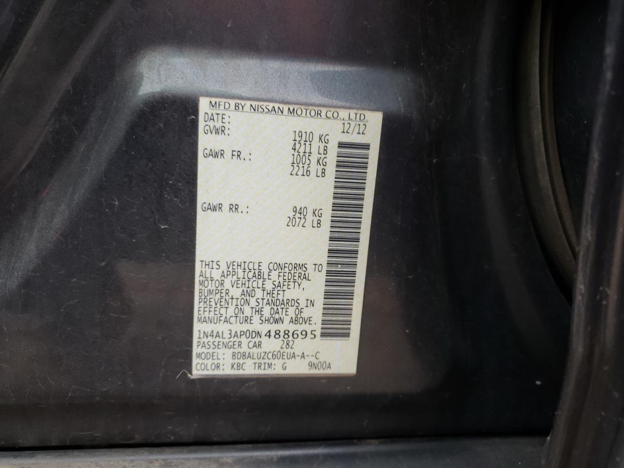 Photo 10 from auction – 2013 NISSAN ALTIMA 2.5 with VIN 1N4AL3AP0DN488695