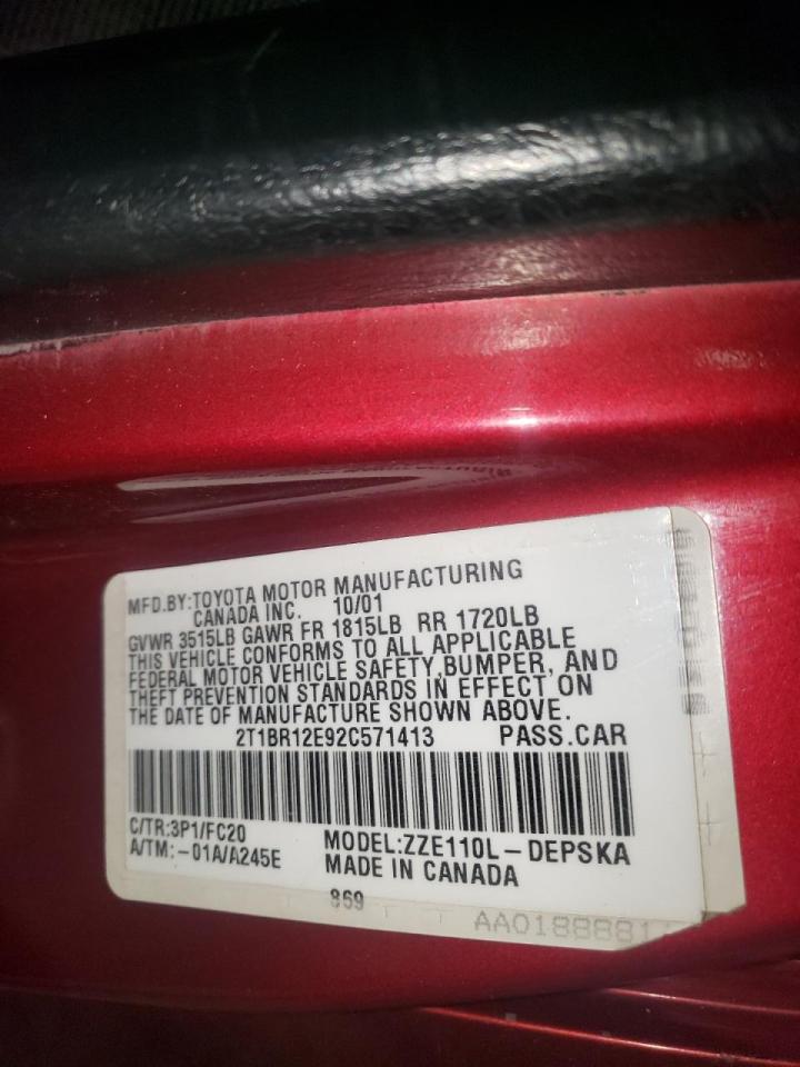 Photo 10 from auction – 2002 TOYOTA COROLLA CE with VIN 2T1BR12E92C571413