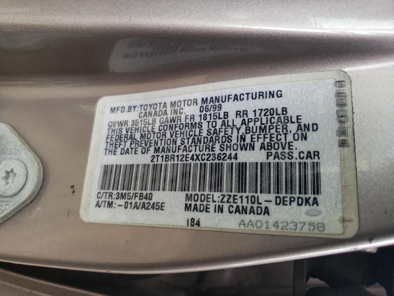 Photo 10 from auction – 1999 TOYOTA COROLLA VE with VIN 2T1BR12E4XC236244
