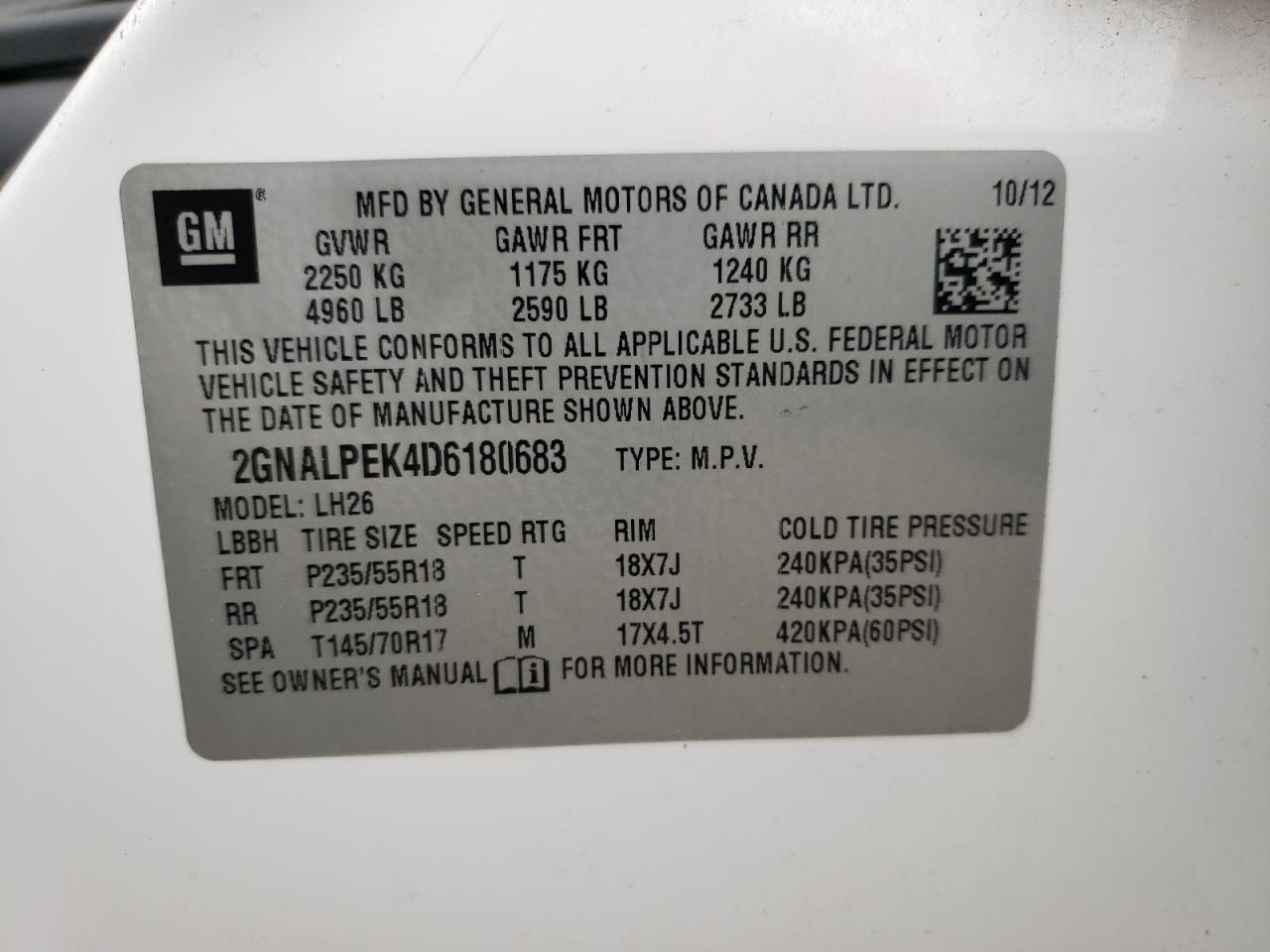 Photo 20 from auction – 2013 CHEVROLET EQUINOX LT with VIN 2GNALPEK4D6180683