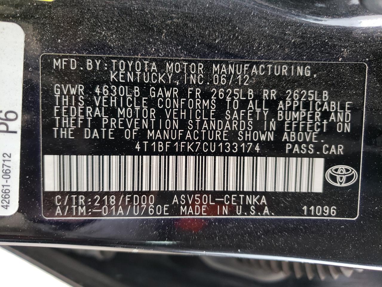 Photo 10 from auction – 2012 TOYOTA CAMRY with VIN 4T1BF1FK7CU133174