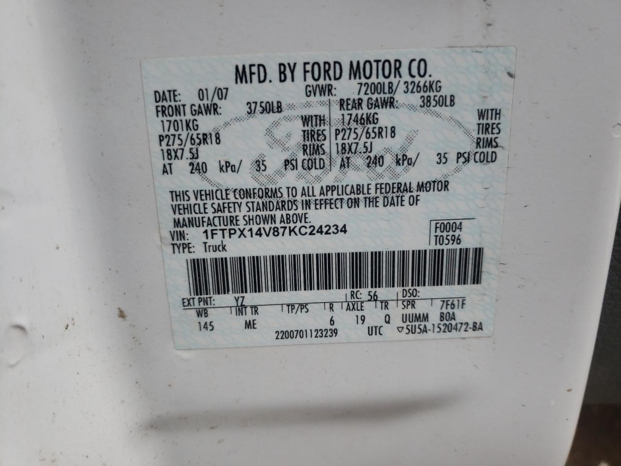 Photo 10 from auction – 2007 FORD F150 with VIN 1FTPX14V87KC24234