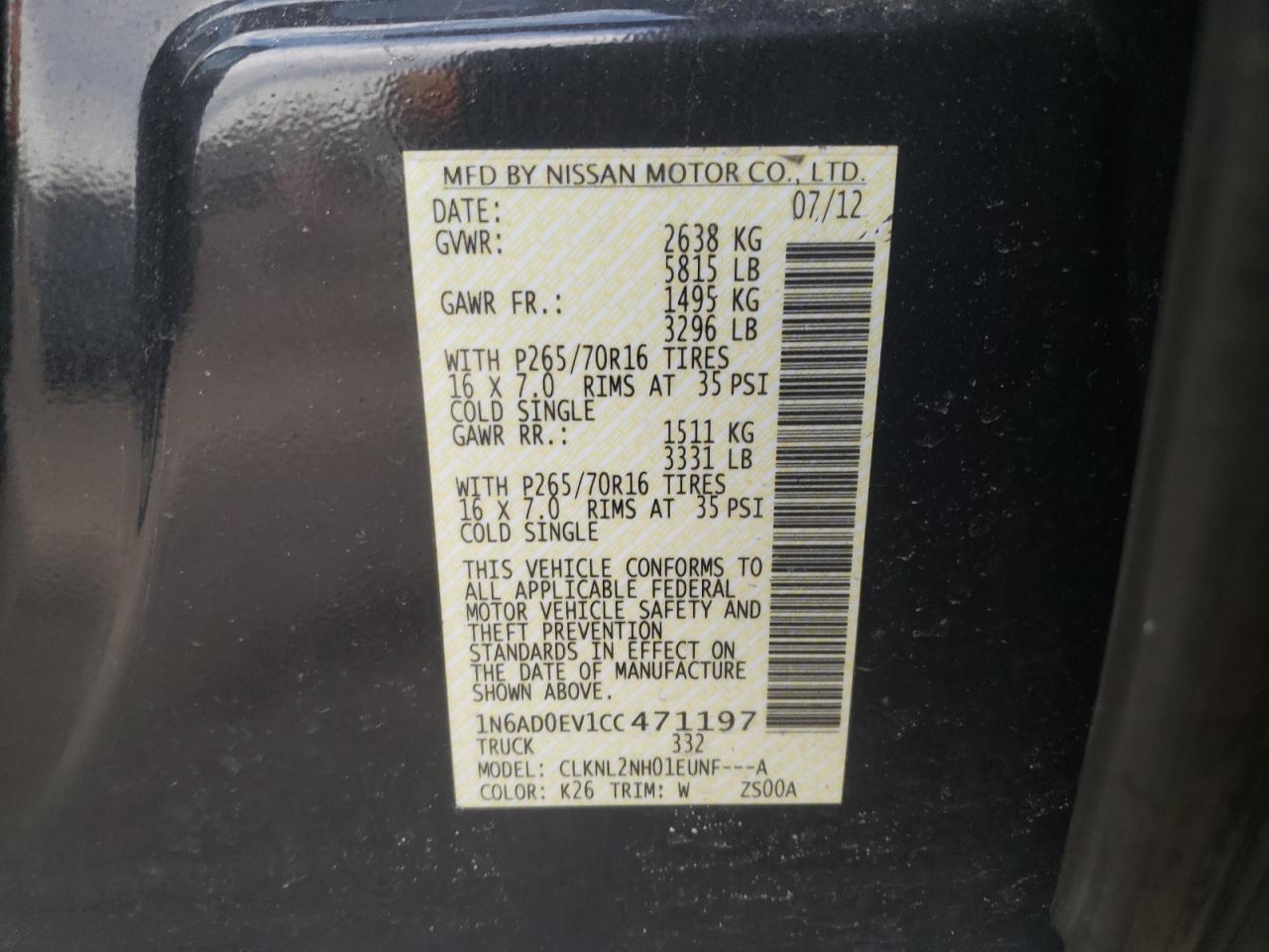 Photo 10 from auction – 2012 NISSAN FRONTIER S with VIN 1N6AD0EV1CC471197