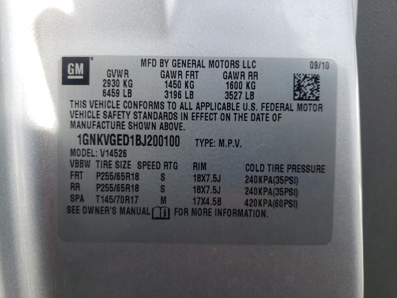 Photo 10 from auction – 2011 CHEVROLET TRAVERSE L with VIN 1GNKVGED1BJ200100